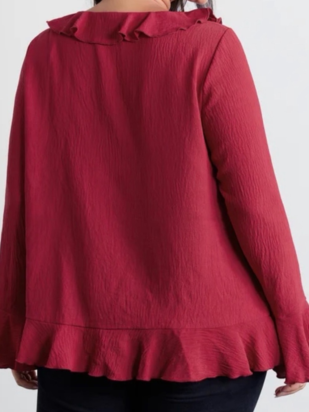 BloomChic Women's Ruffle Front V-Neck Blouse in Raspberry - Picture 4 of 6